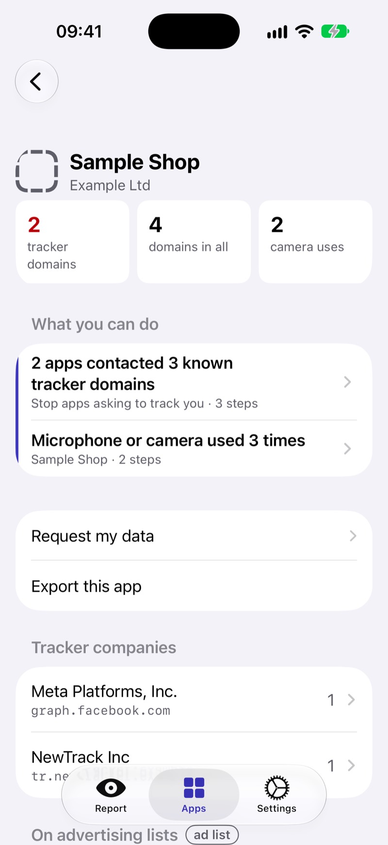 An app's page in Snitchboard showing 2 tracker domains, 4 domains in all, 2 camera uses, suggested actions and the tracker companies behind them.