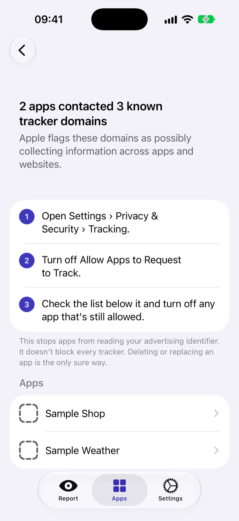 A Snitchboard tip with three numbered steps in Settings: open Tracking, turn off Allow Apps to Request to Track, then check the list.