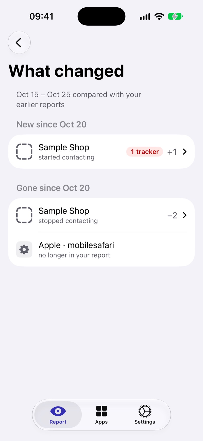 The What changed screen: one app started contacting a tracker and stopped contacting two domains since the last report, and another app is gone.
