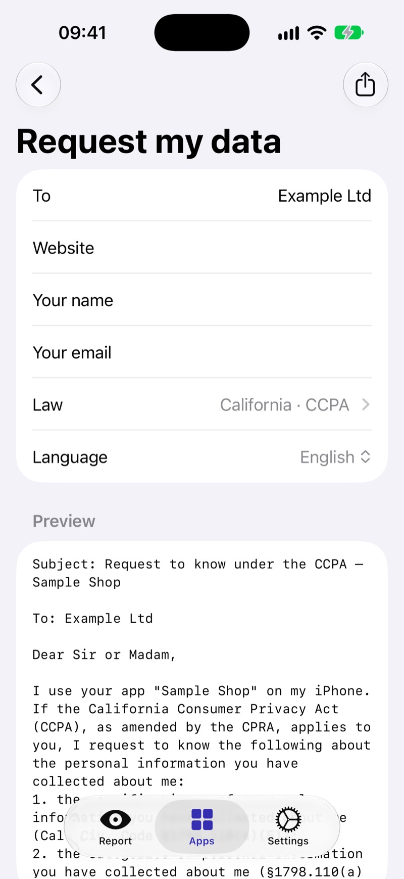 The Request my data screen: a data-request letter addressed to an app's developer, with a choice of law such as California CCPA and a live preview.